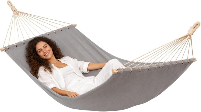 AMANKA XXL Hamac à Barre d'Écartement 200x120 cm Gris - Double Détente 2 Personnes 150kg - Coton Robuste Extérieur & Intérieur - Balcon Jardin Terrasse Camping - 100% Respirant Tissu Souple Agréable