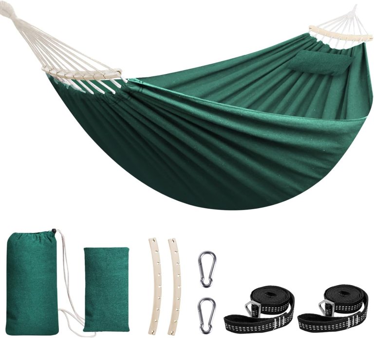 Chihee Coton Hamac Grand hamac Souple Respirant Hamac de Camping Peut Supporter jusqu'à 300KG Hamac d'arbre Portable avec Barre d'écartement détachable Oreiller 2 Sangles Solides 2 mousquetons