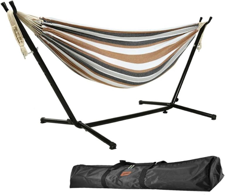 Goutime Hamac Double 2,75 m avec Support Métallique, Charge maximale 250 kg | Sac de transport inclus, Hamac suspendu pour terrasse, cour, balcon et jardin (Marron et Blanc)
