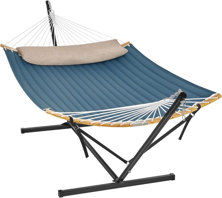 SONGMICS Hamac avec Support, Structure en Métal, Barre de Soutien Double, avec Coussin, Capacité de Charge Jusqu'à 200 kg, pour Jardin, Structure Noire et Hamac Bleu GHS002Q01