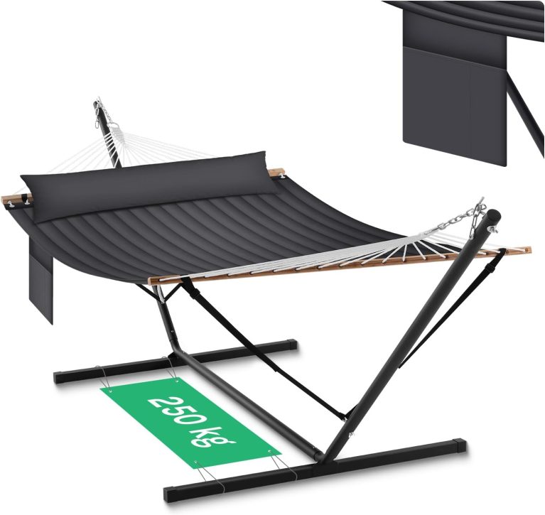 WOLTU Hamac avec Support pour 2 Personnes, Hamac Double avec Carde Métallique, Poche Latérale et Coussin, Charge jusqu'à 250 kg, pour Intérieur, Extérieur, Balcon, Terrasse, Jardin, Camping