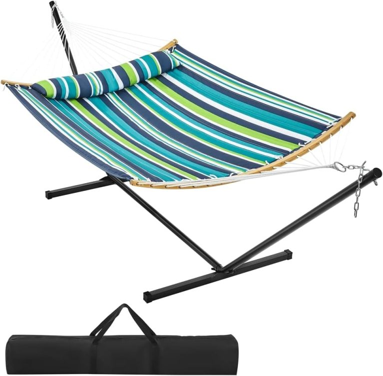Yaheetech Hamac avec Support en Métal 2 Personnes Charge 216 kg Vert Rayé | Hamac sur pied en Toile avec Barre, Oreiller Doux et Sac de Transport, pour Extérieur Intérieur Jardin Terrasse Plage